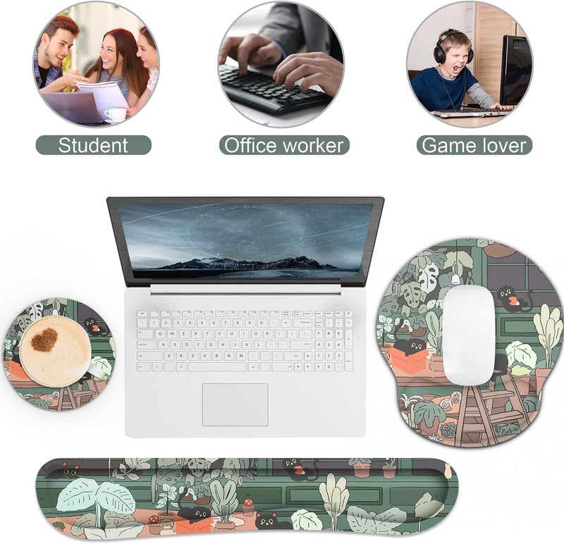 JIGOO Ergonomic Mouse Pad with Wrist Rest and Keyboard Wrist Rest, Mousepad and Wrist Rest for Computer Keyboard, Pain Relief, Non-Slip Rubber Base, Mouse Pad with Wrist Support for Gaming, Office, Cat - Image 5